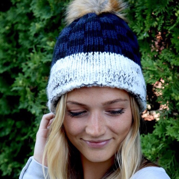 Navy Buffalo Checkered Knit Cable Pompom Beanie - Picture 4 of 4